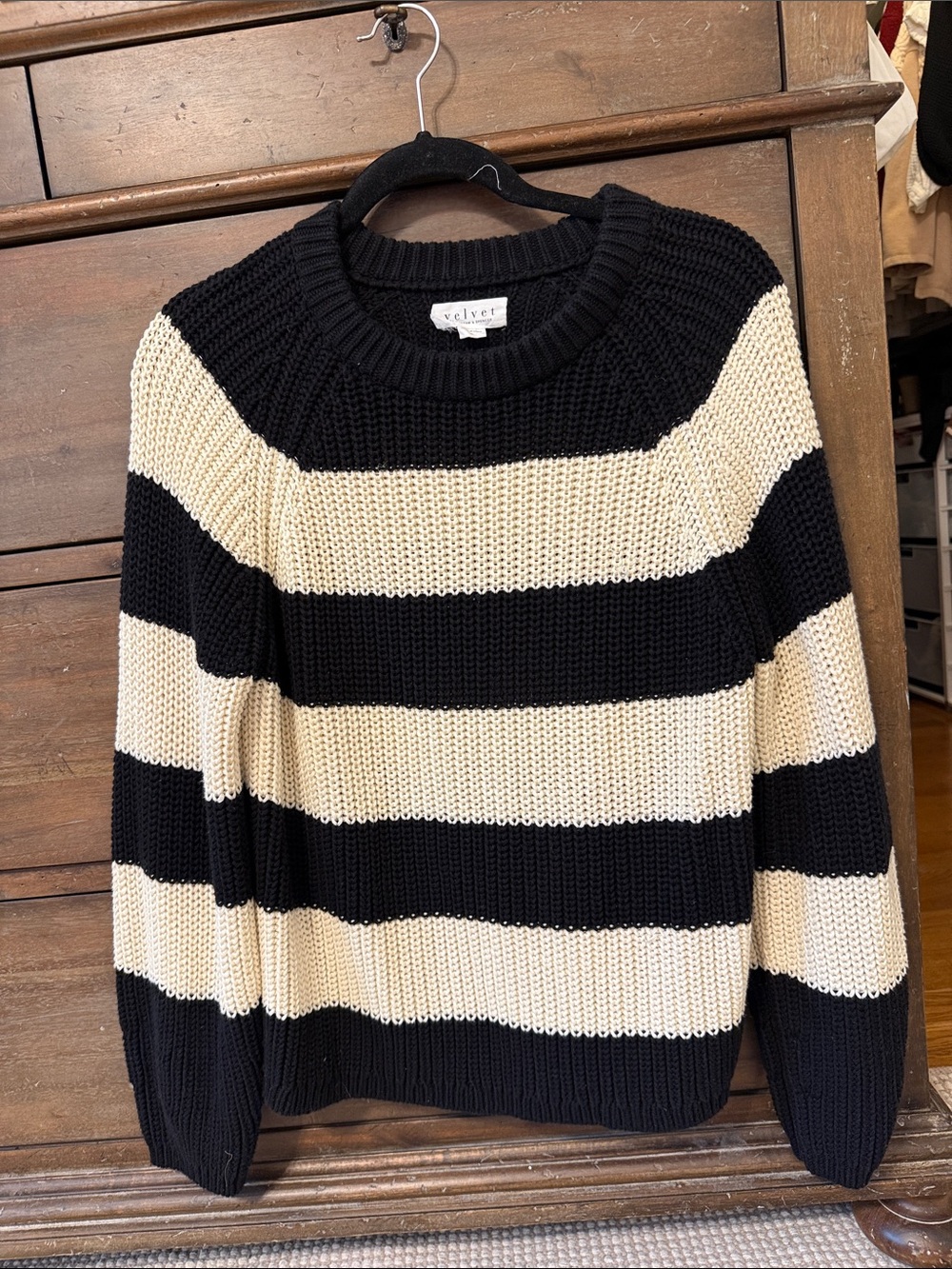 Velvet Black and Cream Wide-Stripe Crewneck Sweater small